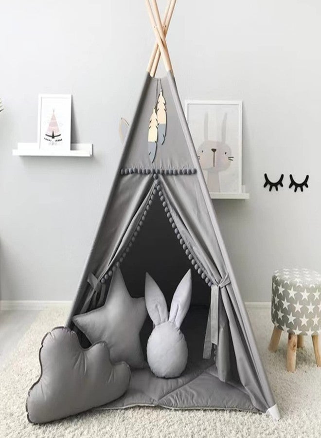 RONGFA Kids Teepee Tent with White Pom Pom - Indoor Play Teepee for Children Boys Portable Play House (Grey) - Image 3